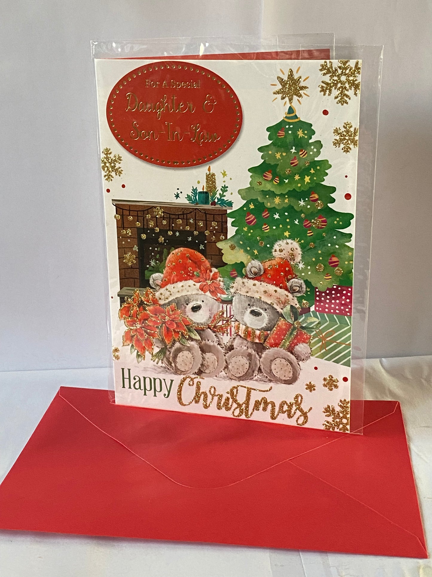 For A Special Daughter & Son-In-Law Christmas Card Teddies/Red Flowers/Fireplace/Tree(SLX5029B)