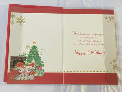 For A Special Daughter & Son-In-Law Christmas Card Teddies/Red Flowers/Fireplace/Tree(SLX5029B)