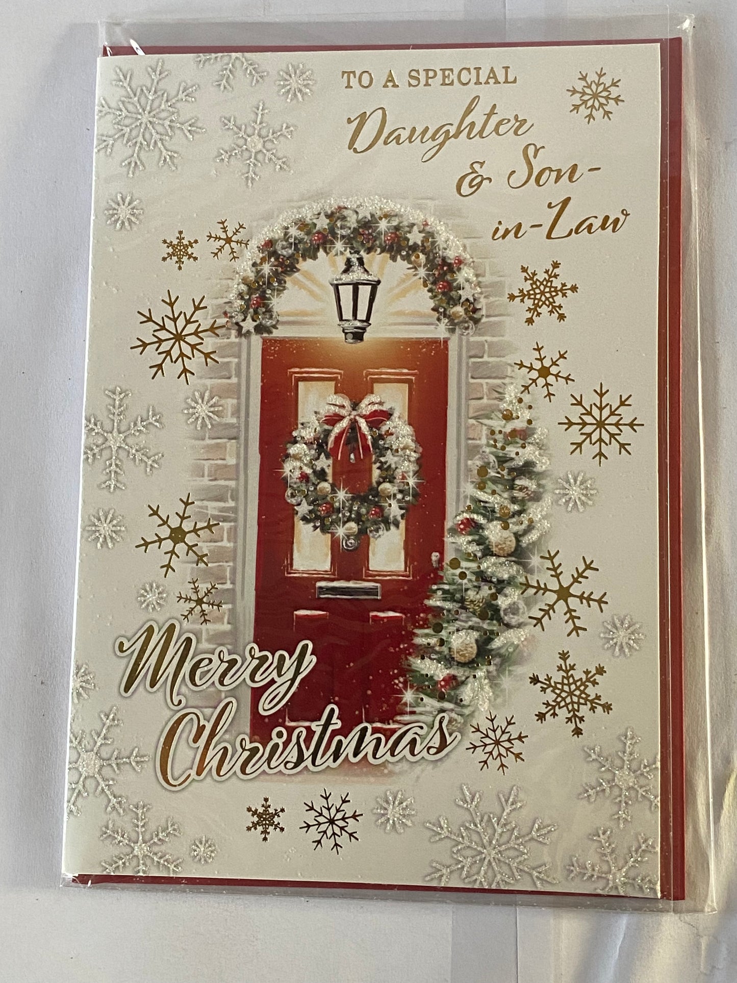 To A Special Daughter & Son-In-Law Merry Christmas Card Red Door/Gold Words(PH46336A)