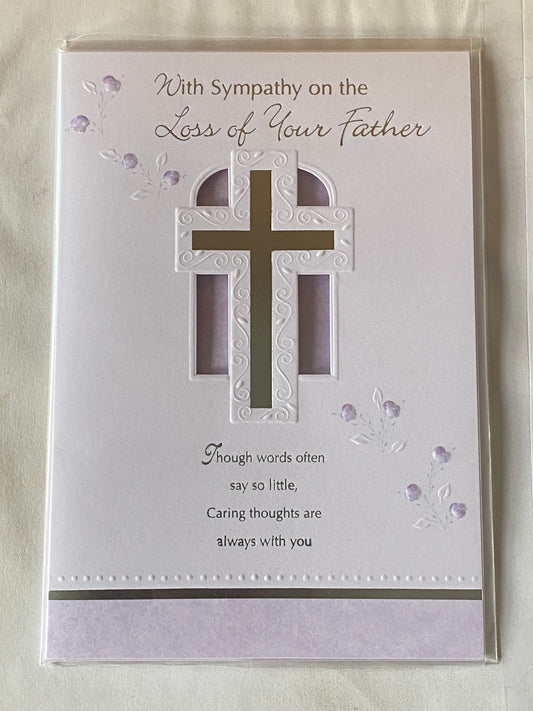 With Sympathy On The Loss Of Your Father Sympathy Card Condolence White//Purple/Silver Cross/Flowers/Words Foil Detail(SS31585A)