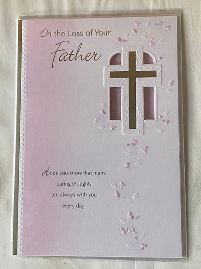 On The Loss Of Your Father Sympathy Card Condolence White//Pink/Silver Cross/Flowers/Words Foil Detail(SS31585E)