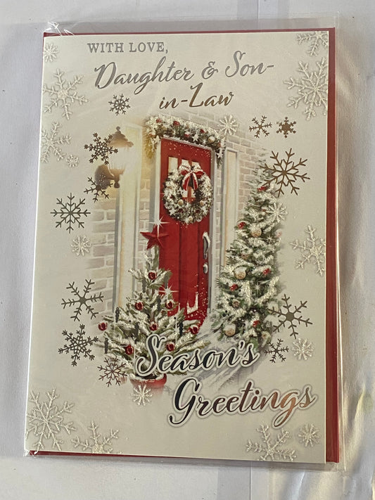 With Love Daughter & Son-In-Law Season's Greetings Christmas Card Red Door/Silver Words(PH46336B)