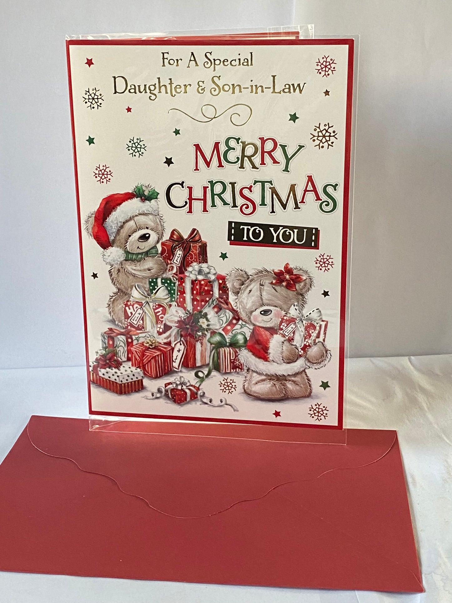 For A Special Daughter & Son-In-Law Merry Christmas To You Christmas Card Red/Green/Gold Teddies/Presents/Words(PH46352B)