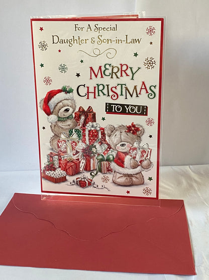 For A Special Daughter & Son-In-Law Merry Christmas To You Christmas Card Red/Green/Gold Teddies/Presents/Words(PH46352B)