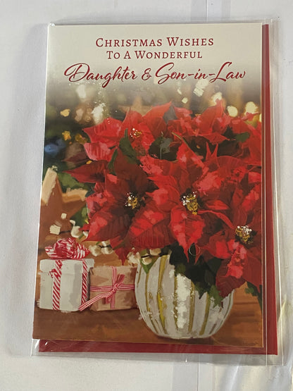 Christmas Wishes To A Wonderful Daughter & Son-In-Law Christmas Card Red Flowers/White Vase(NC-VX097B)