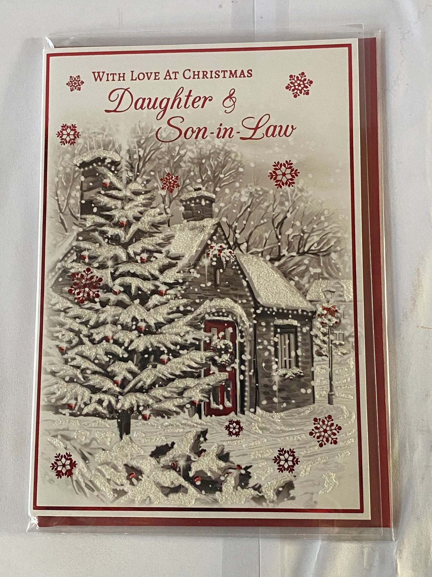 With Love At Christmas Daughter & Son-In-Law Christmas Card Grey/Red-Winter Scene/House/Christmas Tree(PH46972B)