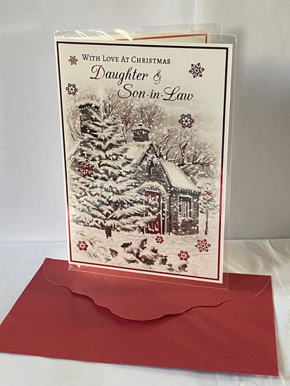 With Love At Christmas Daughter & Son-In-Law Christmas Card Grey/Red-Winter Scene/House/Christmas Tree(PH46972B)