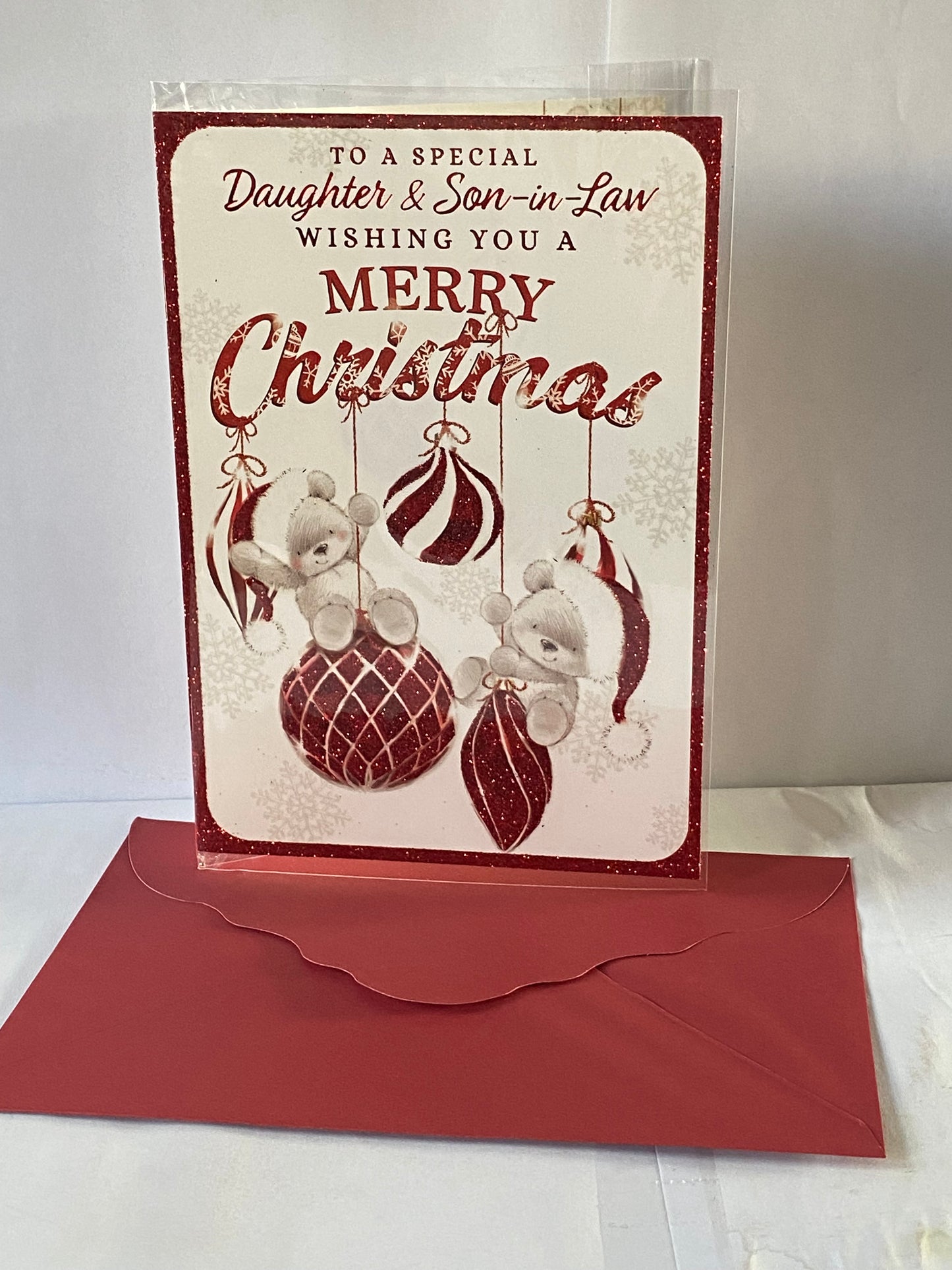 To A Special Daughter & Son-In-Law Wishing You A Merry Christmas Card Teddies/Red+White Baubles(PH46994A)