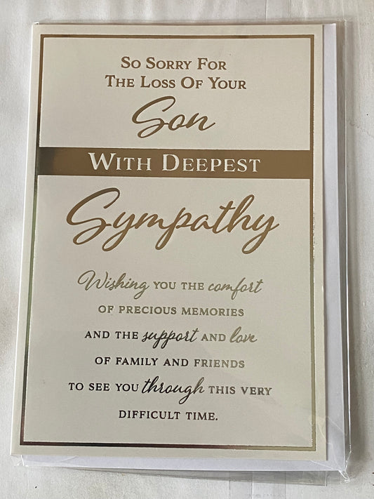 So Sorry For The Loss of Your Son With Deepest Sympathy Card Condolence White/Silver Words Foil Detail(PH45876E)