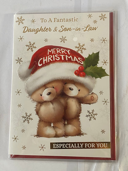 To A Fantastic Daughter & Son-In-Law Merry Christmas Card Teddies/Santa Hat(NC-VX104B)