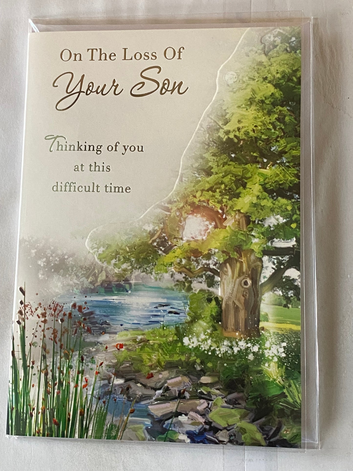 On The Loss of Your Son Sympathy Card Condolence Water Scene/Tree Foil Detail(NC-VA223E)