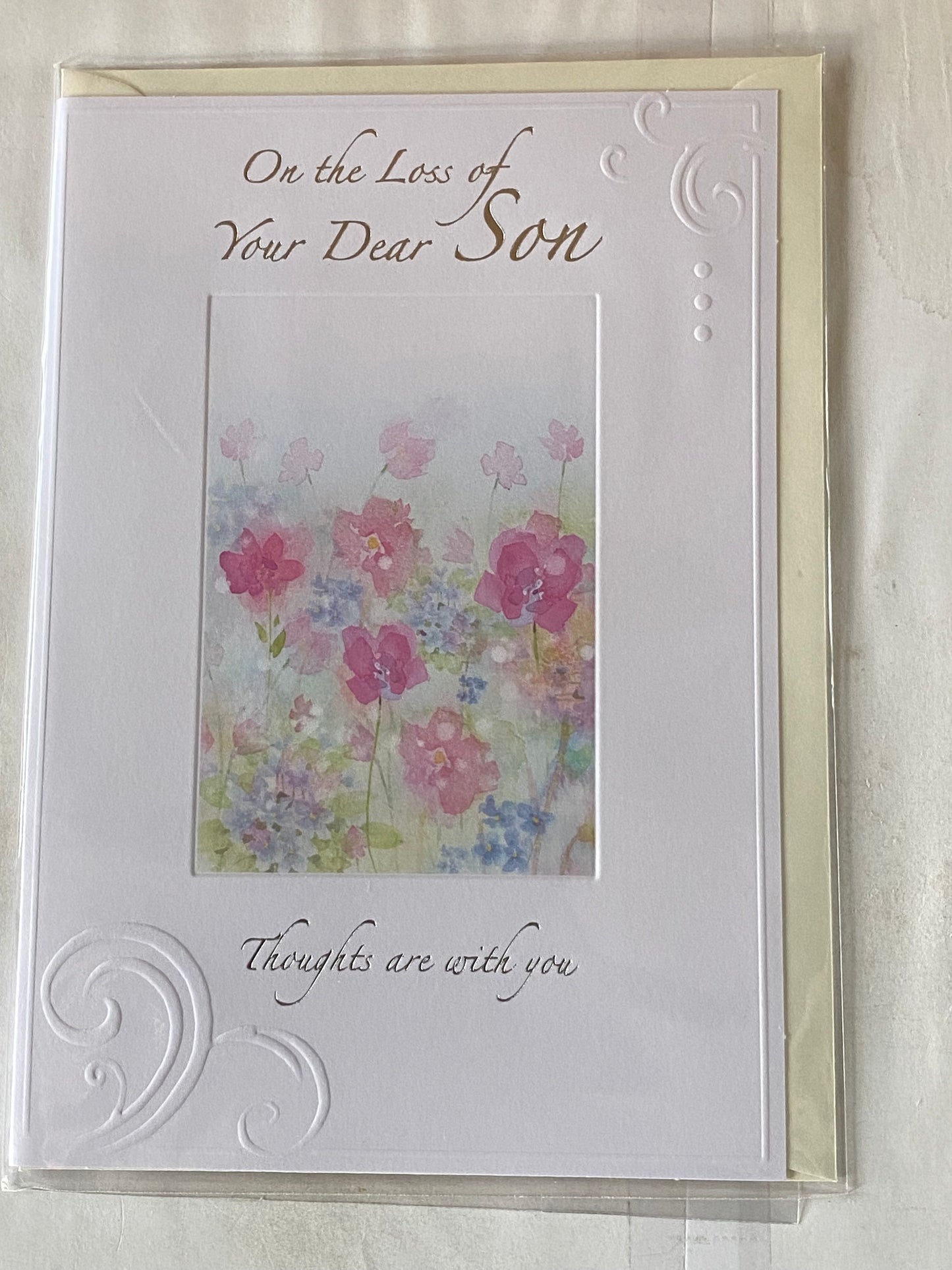 On The Loss Of Your Dear Son Sympathy Card Condolence White/Pink/Silver Flowers/Words Foil Detail(REGENTT271A)