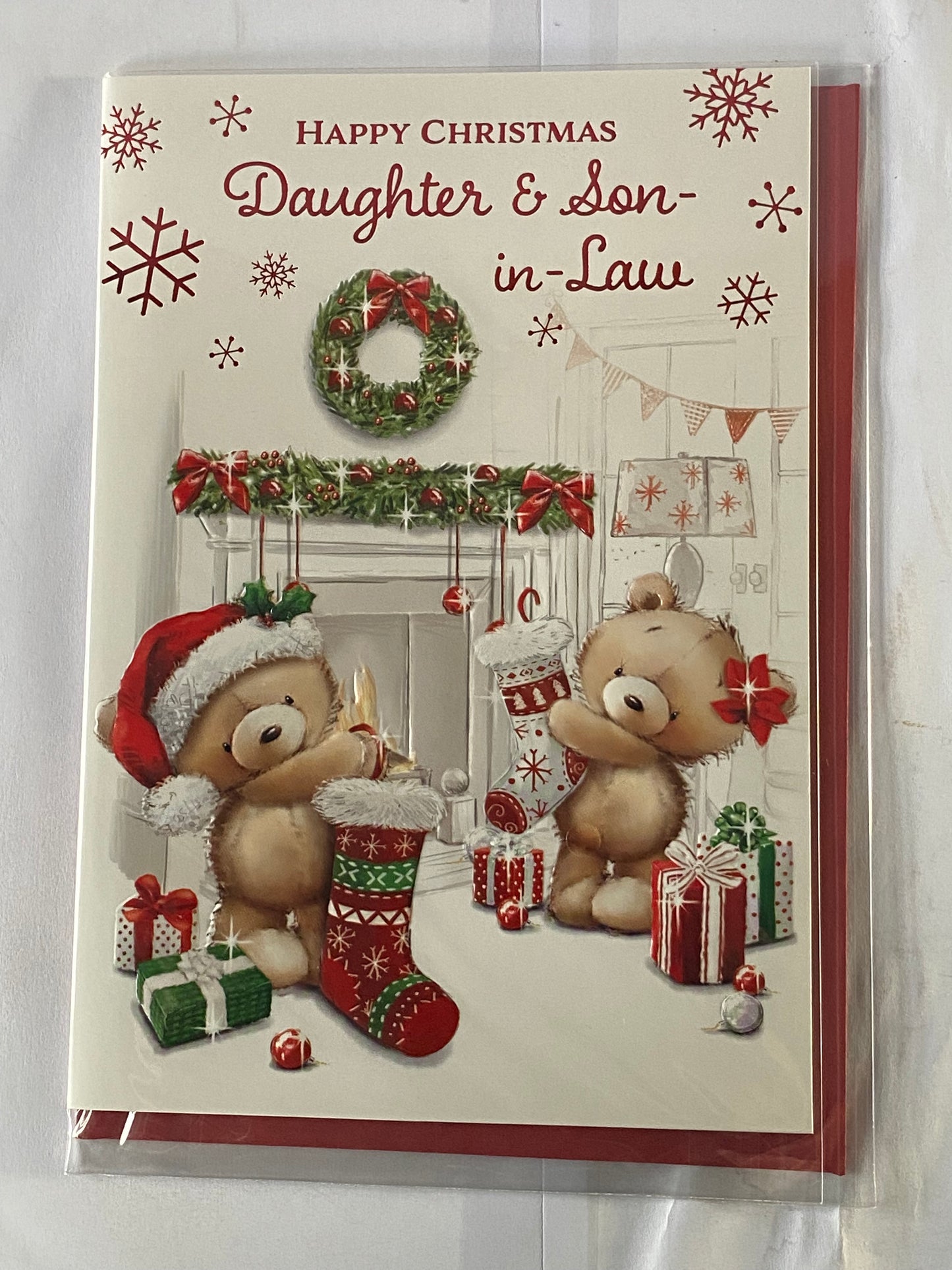 Happy Christmas Daughter & Son-In-Law Christmas Card Teddies/Stockings/Fireplace(NC-VX106B)