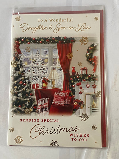 To A Wonderful Daughter & Son-In-Law Christmas Card Red Chair/Window/Tree/Stocking(PH46973B)