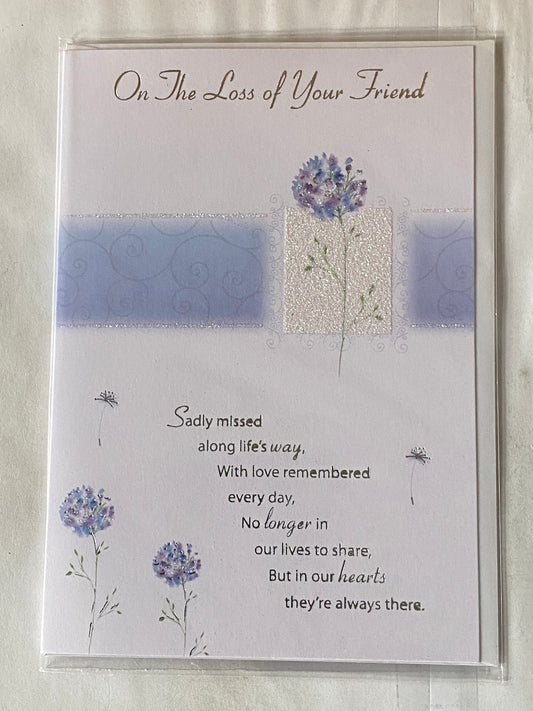 On The Loss Of Your Friend Sympathy Card Condolence Blue/Purple Flowers Glitter/Foil Detail(KI32861)