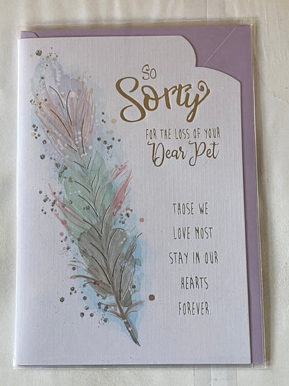 So Sorry For The Loss Of Your Dear Pet Sympathy Card Condolence White/Silver-Multi Feather/Silver Words Glitter/Foil Detail(Y94M)