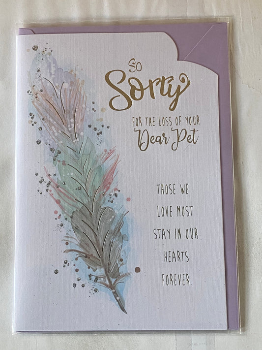 So Sorry For The Loss Of Your Dear Pet Sympathy Card Condolence White/Silver-Multi Feather/Silver Words Glitter/Foil Detail(Y94M)