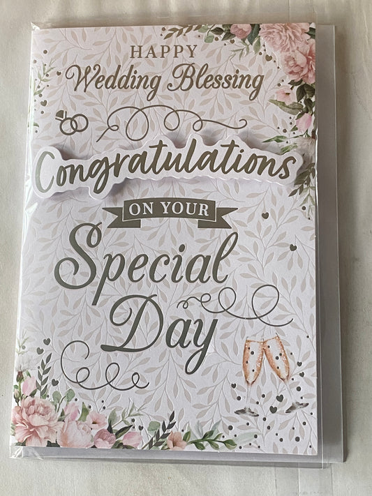 Happy Wedding Blessing Congratulations On Your Special Day Renew Your Wedding Vows Card Flowers/Flutes/Words 3D/Foil Detail(PRELUDE48732)