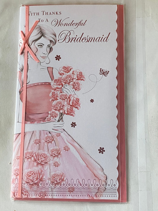 With Thanks To A Wonderful Bridesmaid Card Wedding Thank You White/Pink-Bridesmaid/Flowers Ribbon/Foil Detail(PRELUDE39538)