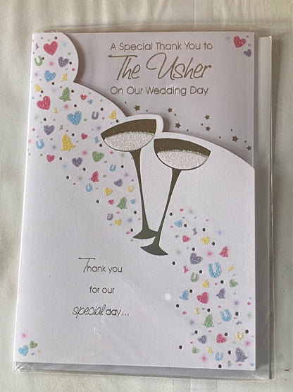 A Special Thank You To The Usher On Our Wedding Day Card Champagne Glasses/Multi Confetti Glitter/Foil Detail(PRELUDE32127)