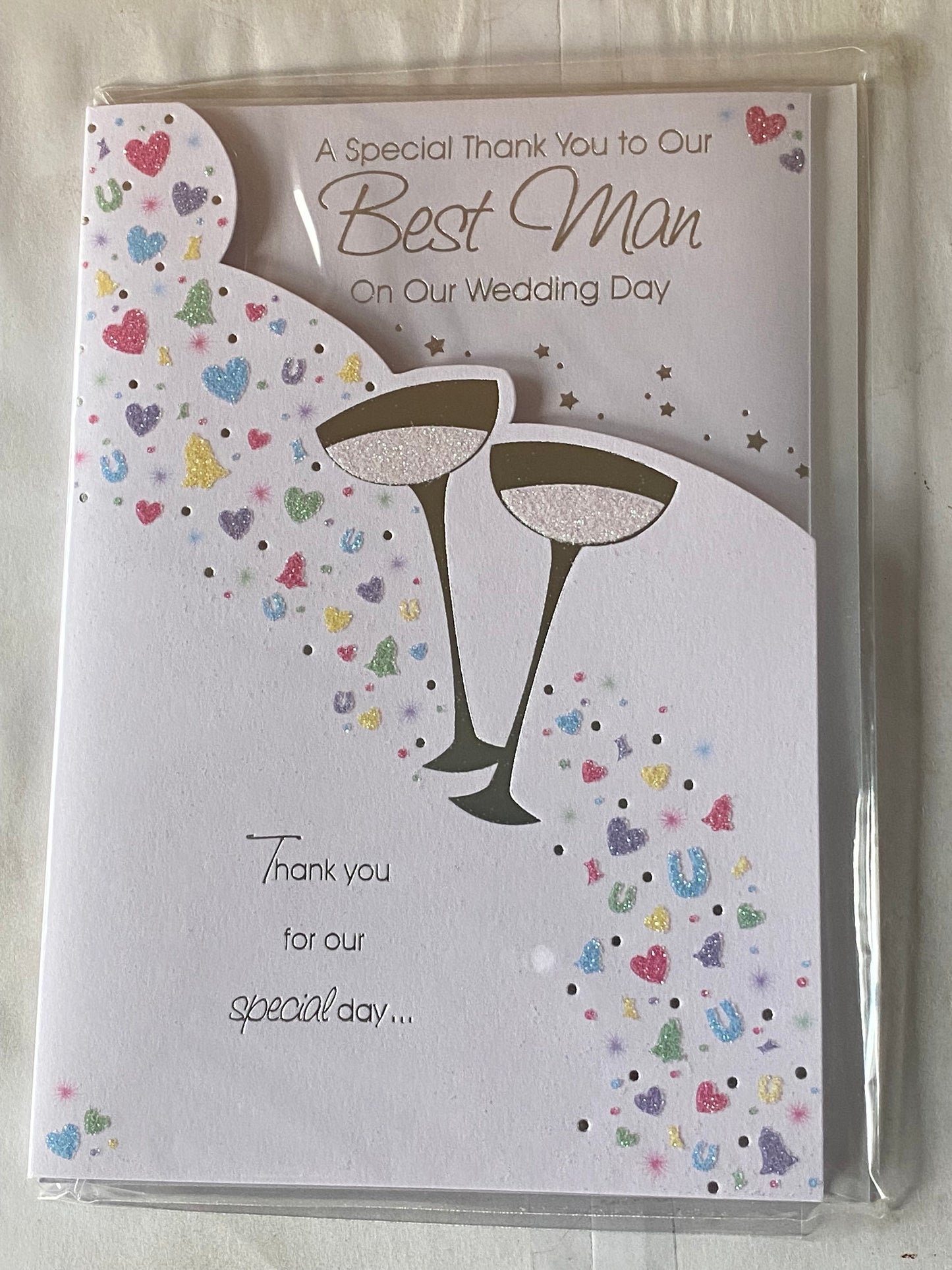 A Special Thank You To Our Best Man On Our Wedding Day Card Champagne Glasses/Multi Confetti Glitter/Foil Detail(PRELUDE32127)