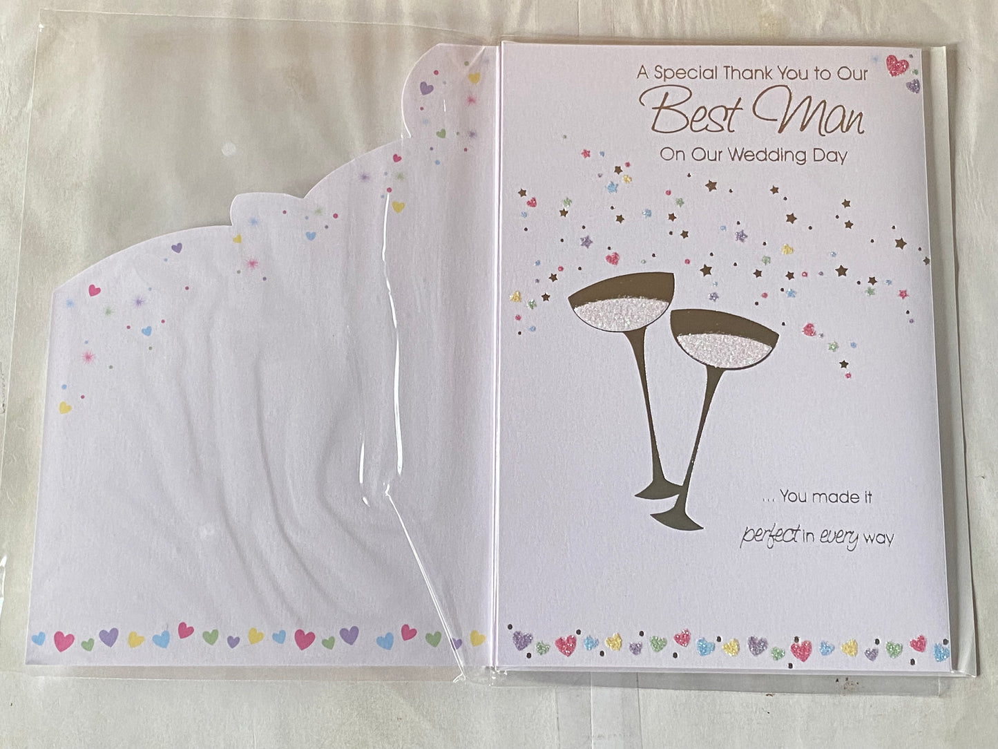 A Special Thank You To Our Best Man On Our Wedding Day Card Champagne Glasses/Multi Confetti Glitter/Foil Detail(PRELUDE32127)