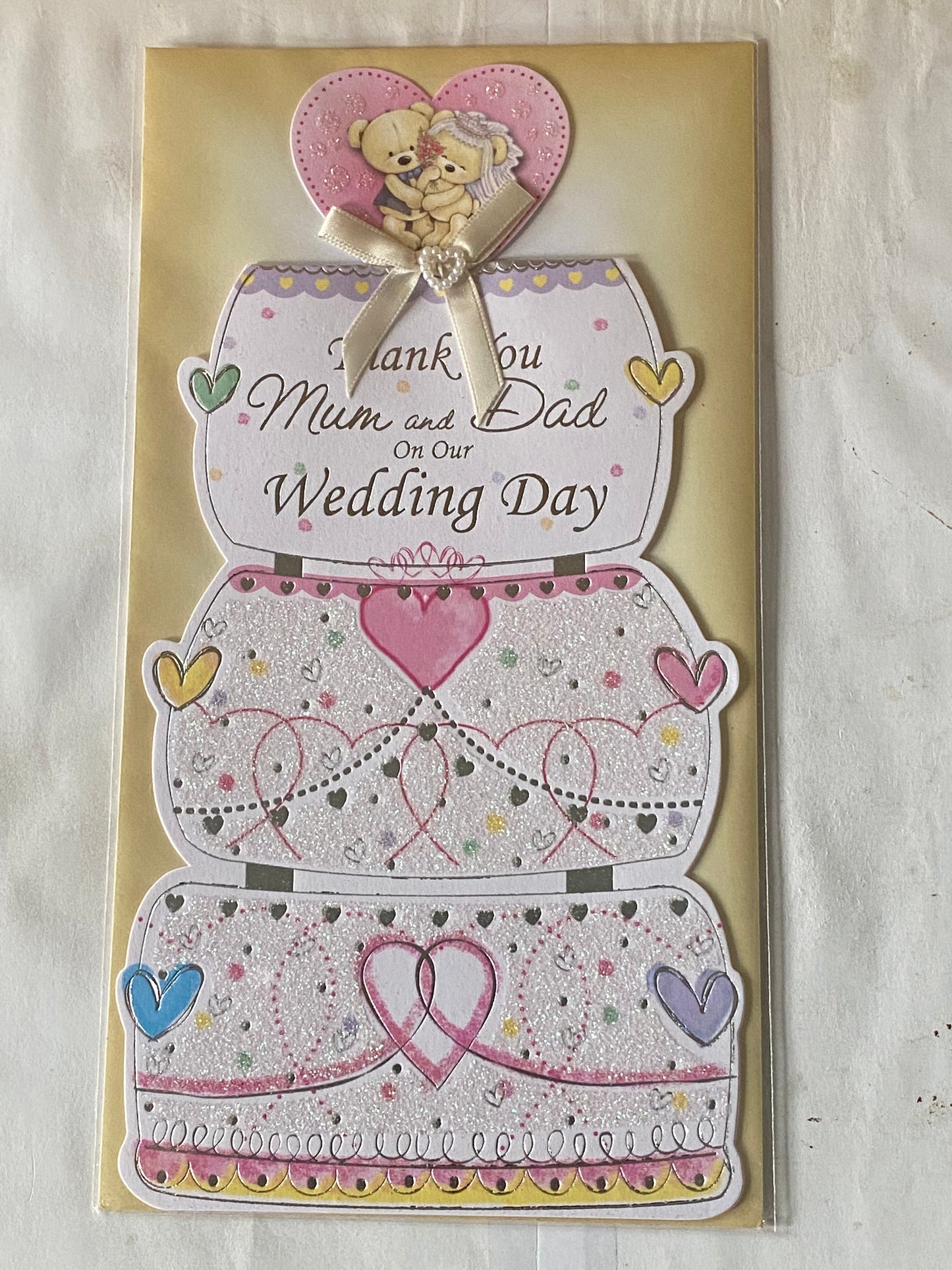 Thank You Mum And & Dad On Our Wedding Day Card Thanks Teddies/Wedding Cake Pearl Heart/Ribbon/Glitter/Foil Detail(PRELUDE33293)