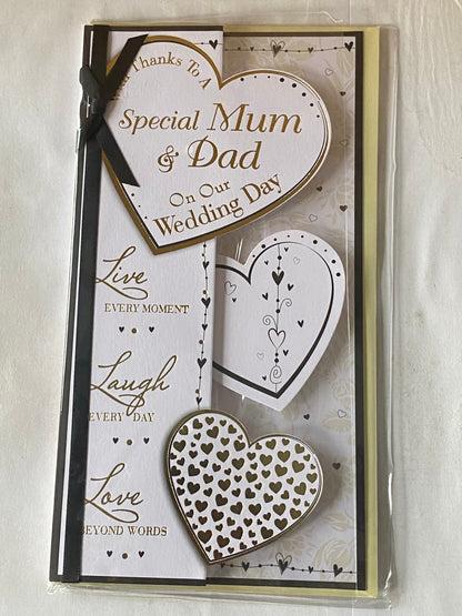 With Thanks To A Special Mum & Dad On Our Wedding Day Thank You Gold/Black Hearts Ribbon/Foil Detail(PRELUDE35812)