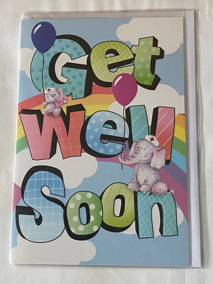 Get Well Soon Card Elephant/Balloons/Words/Rainbow/Clouds Design(BVC50-1060A)