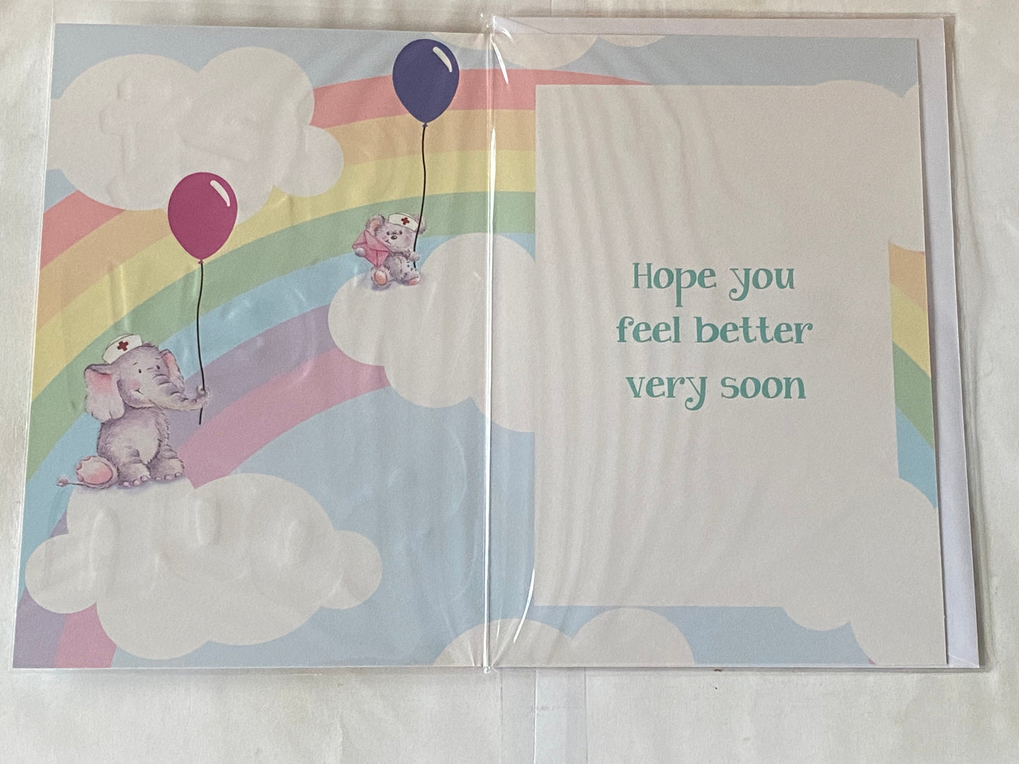 Get Well Soon Card Elephant/Balloons/Words/Rainbow/Clouds Design(BVC50-1060A)