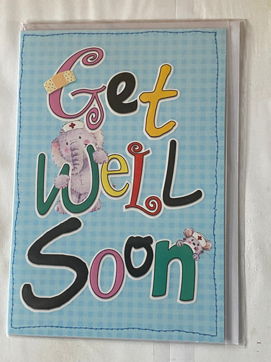 Get Well Soon Card Blue-Elephant/Mouse/Multi Words Design(BVC50-1060E)