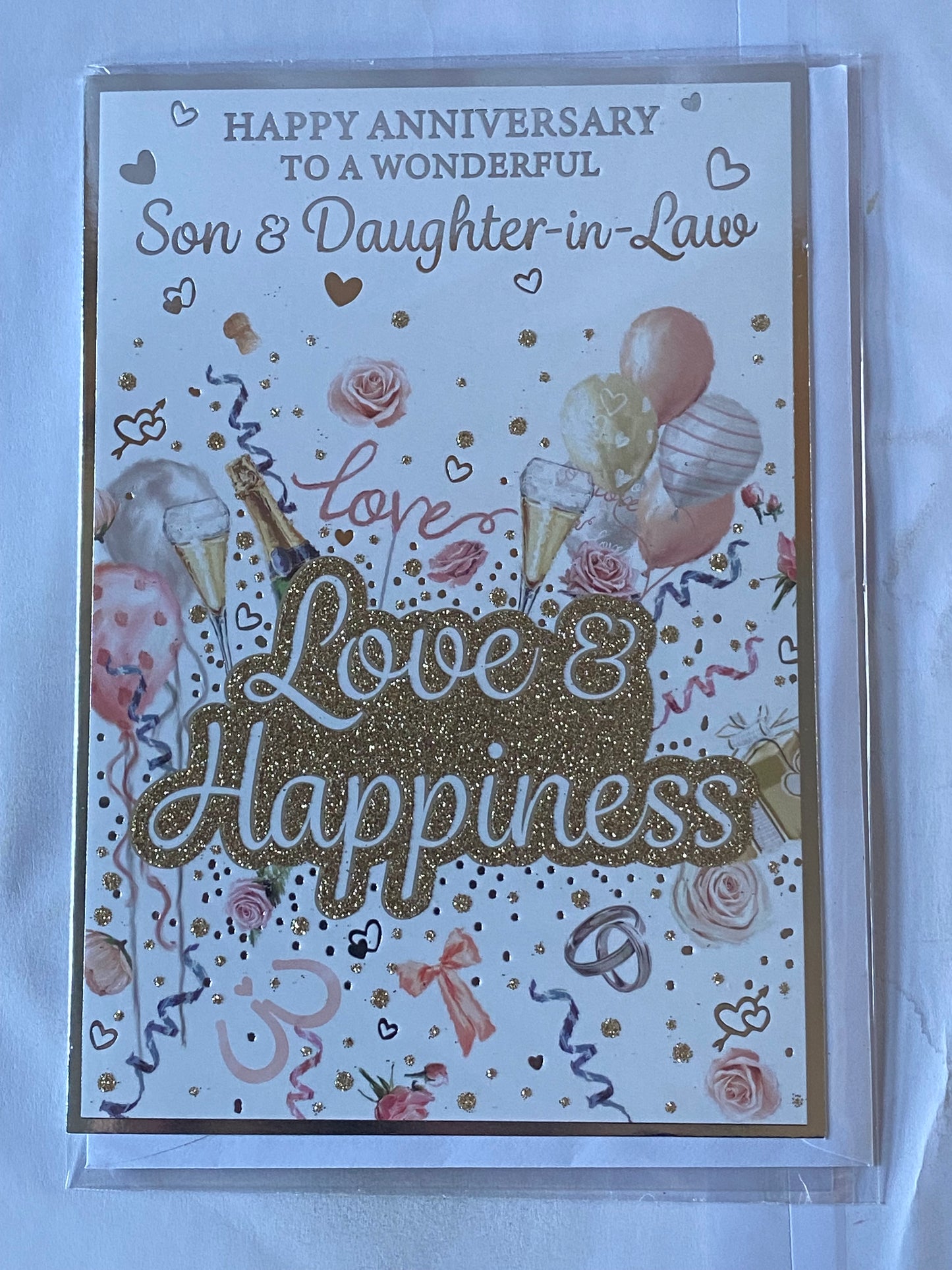Happy Anniversary To A Wonderful Son & Daughter-In-Law Love & Happiness On Your Wedding Anniversary Card Balloons/Words Glitter/Foil Detail(PH48410B)
