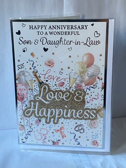 Happy Anniversary To A Wonderful Son & Daughter-In-Law Love & Happiness On Your Wedding Anniversary Card Balloons/Words Glitter/Foil Detail(PH48410B)