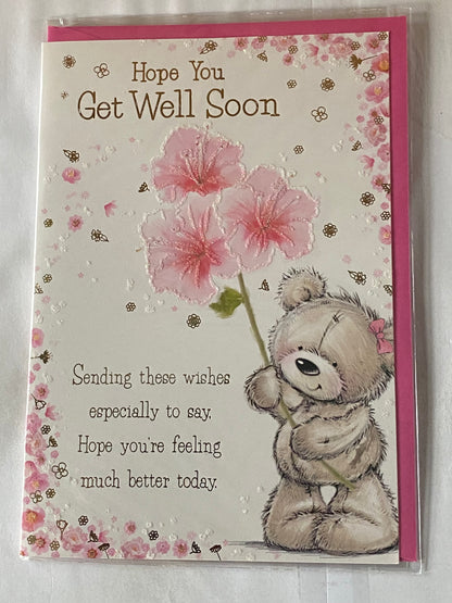 Hope You Get Well Soon Card Teddy/Pink Flowers/Gold Words Glitter/Foil Detail(PH44826A)