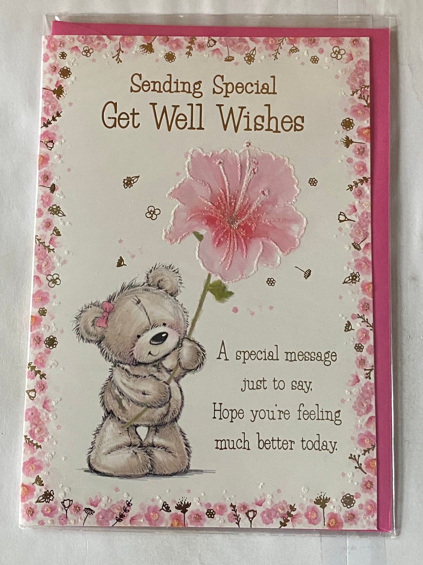 Sending Special Get Well Wishes Get Well Soon Card Teddy/Big Pink Flower/Gold Words Glitter/Foil Detail(PH44826E)