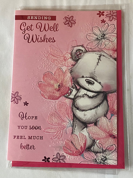 Sending Get Well Wishes Get Well Soon Card Pink-Grey Teddy/Pink Flowers Glitter/Foil Detail(PH45850E)