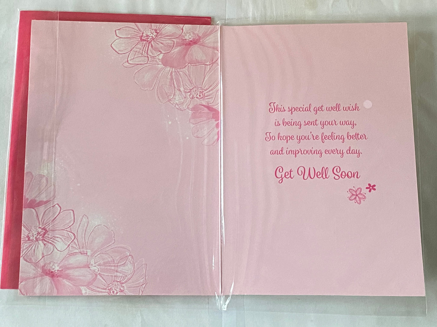 Sending Get Well Wishes Get Well Soon Card Pink-Grey Teddy/Pink Flowers Glitter/Foil Detail(PH45850E)