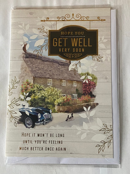 Hope You Get Well Very Soon Get Well Soon Card House/Blue Car/Gold Words Foil Detail(PH45856A)