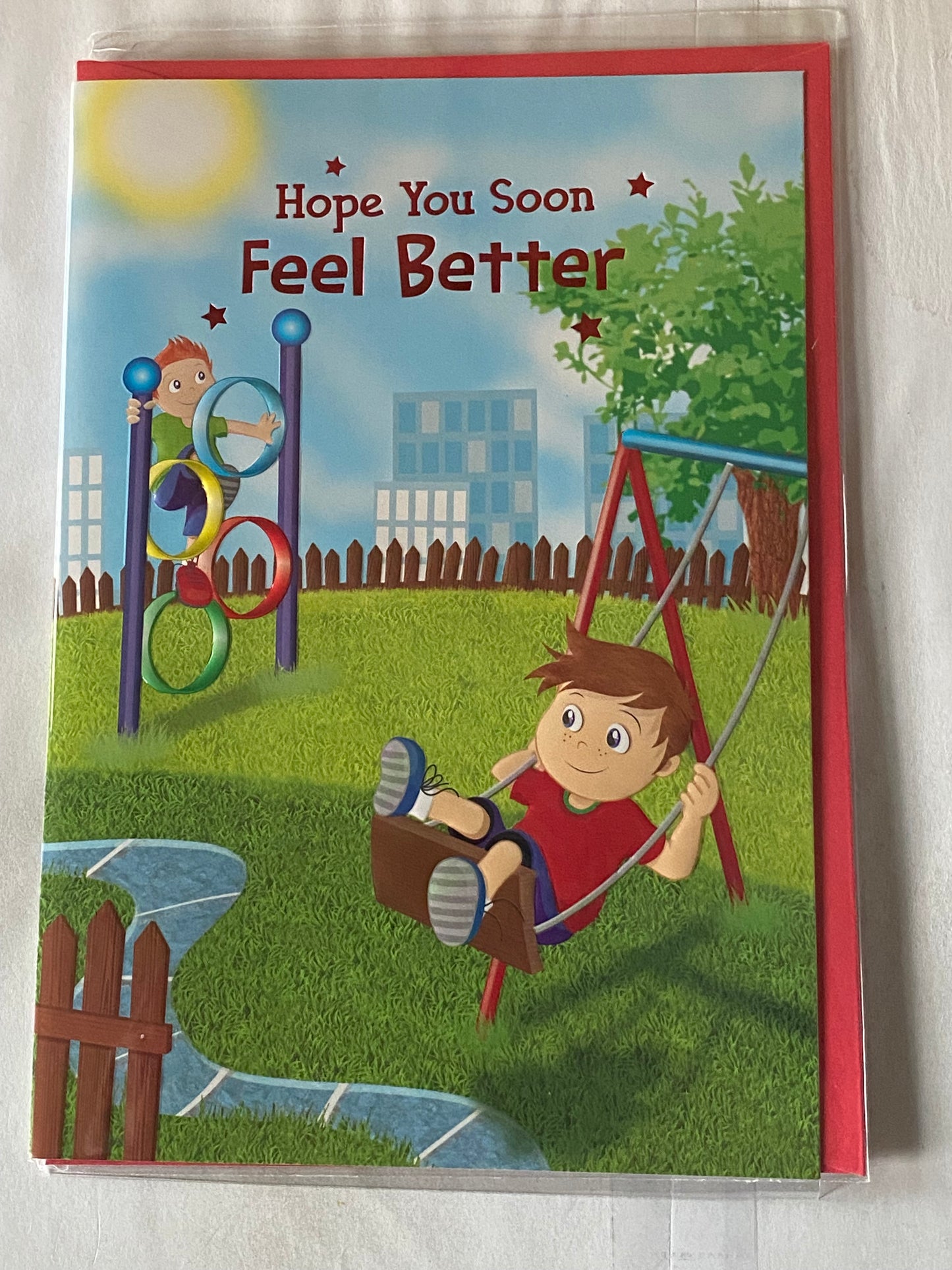 Boys Hope You Soon Feel Better Get Well Soon Card Cute Boy On Swing Foil Detail(PH41065A)