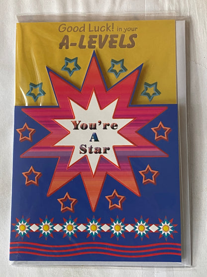 Good Luck! In Your A-Levels You're A Star Card A Level Exams Exam Yellow/Blue-Big Star Foil Detail(PH31189A)