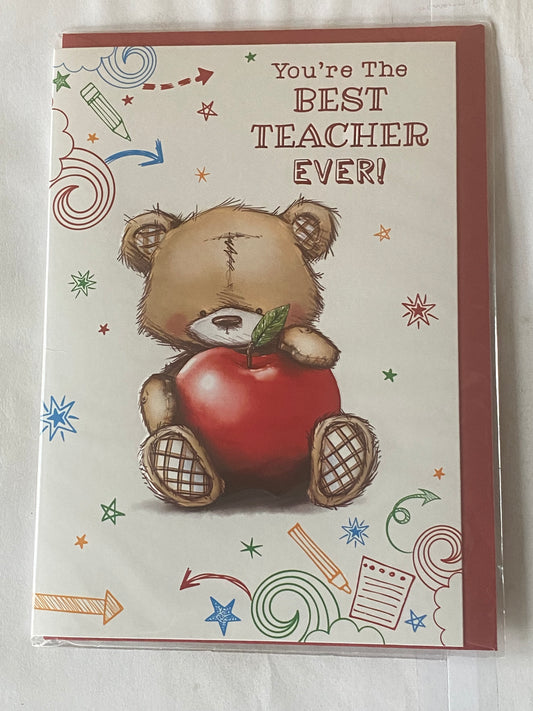 You're The Best Teacher Ever! Card Teacher Thank You Card Teddy/Big Red Apple Foil Detail(PH44465A)