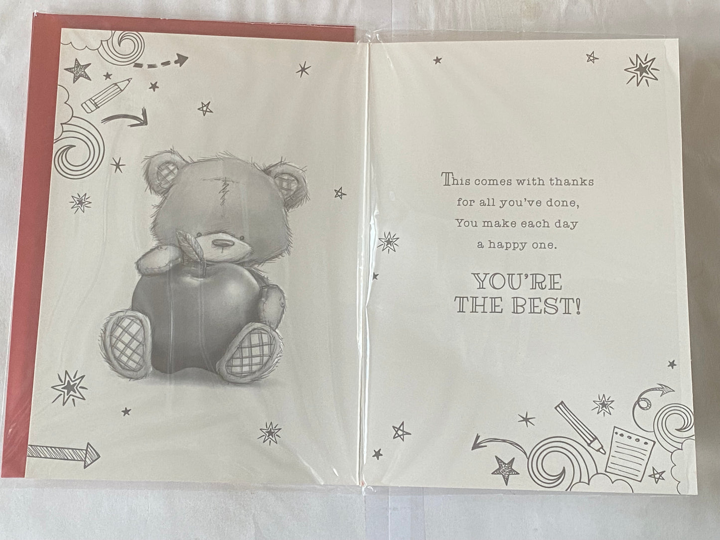 You're The Best Teacher Ever! Card Teacher Thank You Card Teddy/Big Red Apple Foil Detail(PH44465A)