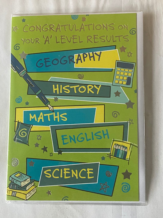 Congratulations On Your A-Level Results Card A Levels Well Done Passed Passing Pass Exams Congratulations Green-Blue/Yellow Words/Pictures Foil Detail(PH32177A)