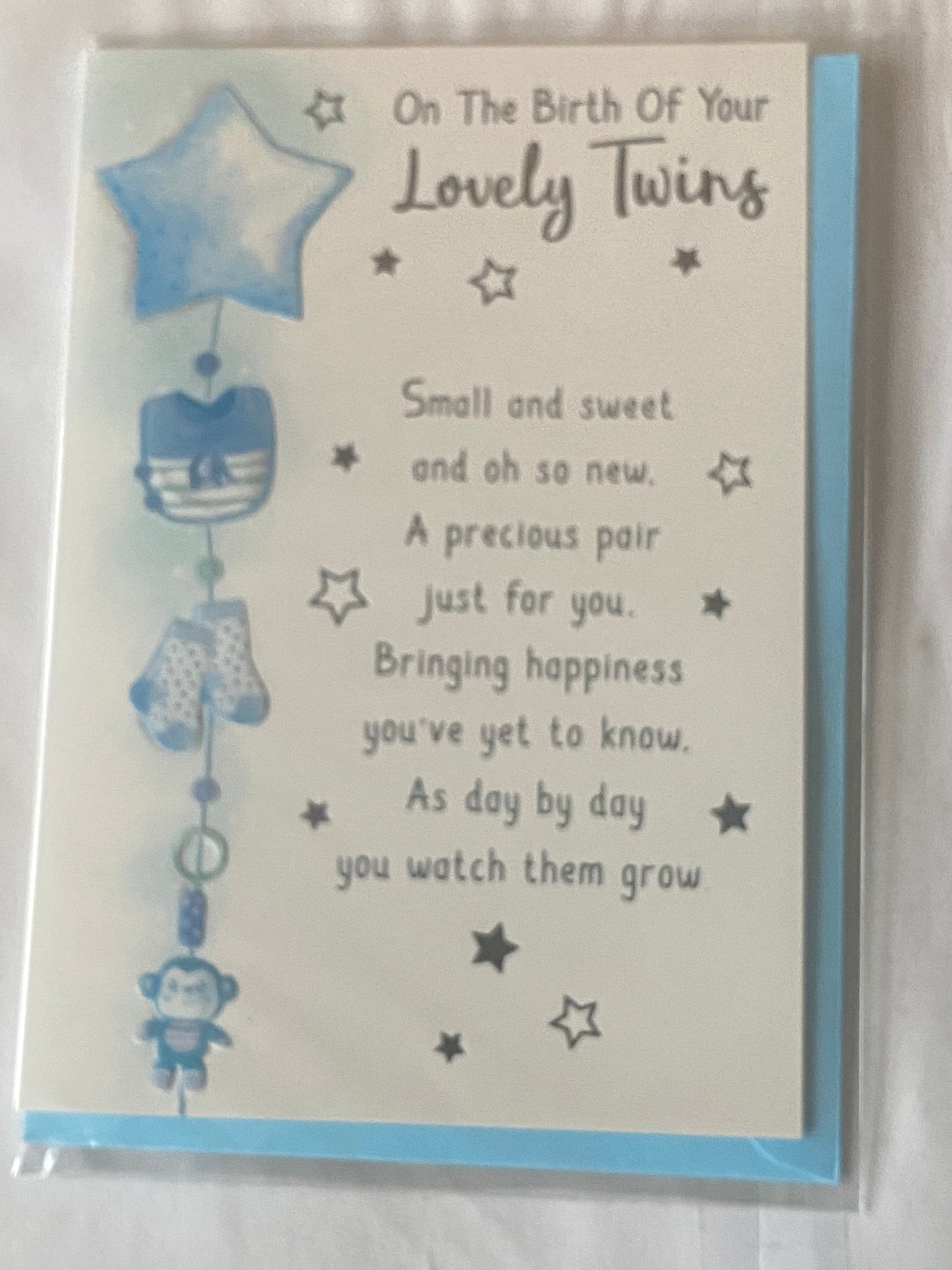 On The Birth Of Your Lovely Twins Twin Boys New Baby Boy Born Birth Card White/Blue-Star/Bib/Socks/Monkey/Blue Words Foil Detail(PH49500A)