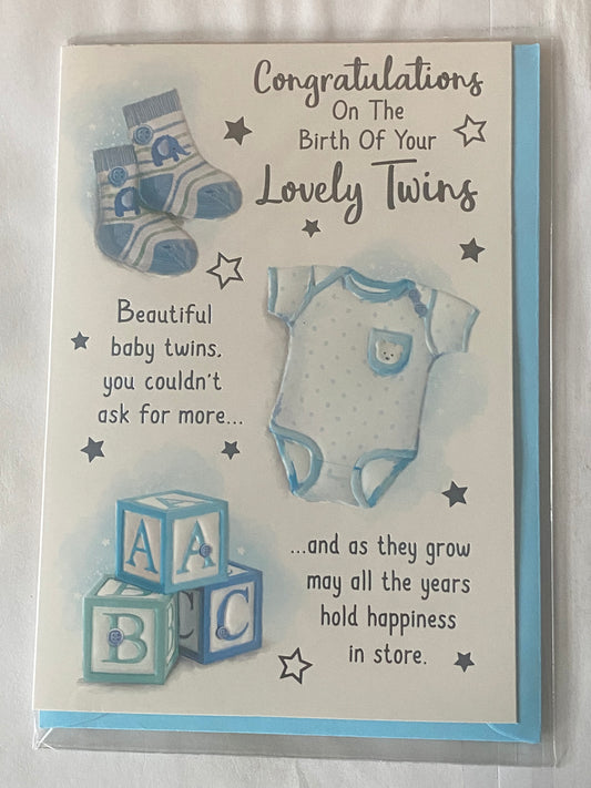 Congratulations On The Birth Of Your Lovely Twins Twin Boys New Baby Boy Born Birth Card White/Blue-Clothes/Toy Bricks/Blue Words Foil Detail(PH49500E)