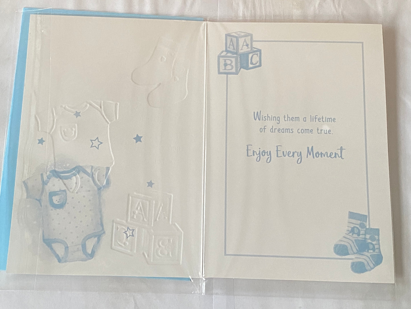 Congratulations On The Birth Of Your Lovely Twins Twin Boys New Baby Boy Born Birth Card White/Blue-Clothes/Toy Bricks/Blue Words Foil Detail(PH49500E)