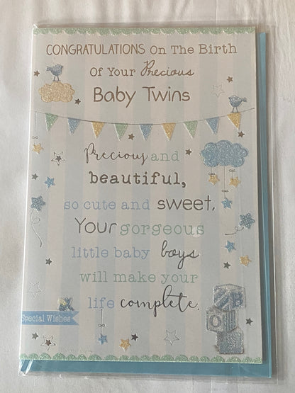 Congratulations On The Birth Of Your Precious Baby Twins New Baby Boy Twin Boys Born Card Blue/Green/Silver/Yellow Words/Stripes/Bunting Glitter/Foil Detail(PH41080B)