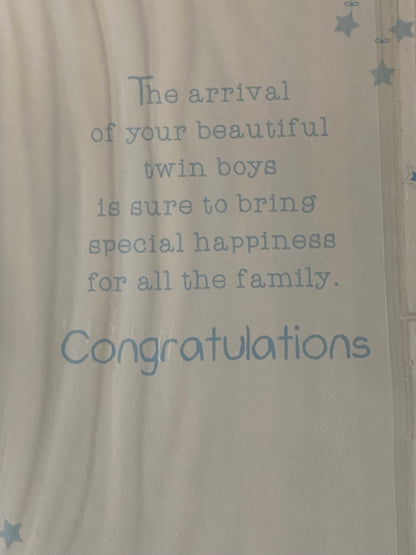 Congratulations On The Birth Of Your Precious Baby Twins New Baby Boy Twin Boys Born Card Blue/Green/Silver/Yellow Words/Stripes/Bunting Glitter/Foil Detail(PH41080B)