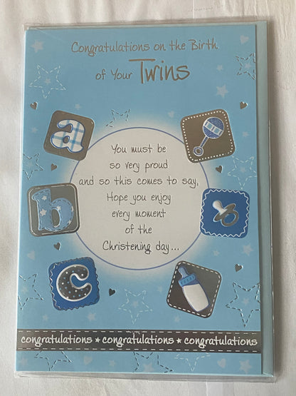 Congratulations On The Birth Of Your Twins Baby Boys Twin Boys New Baby Boy Born Birth Card Blue-Pictures/Silver Words/Circle Foil Detail(PH32725A)