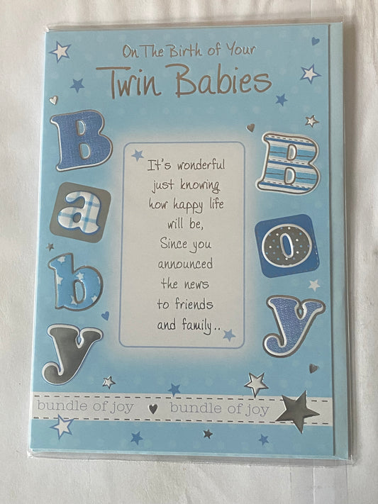 On The Birth Of Your Twin Babies Baby Boys Twins Boys New Baby Boy Born Birth Card Blue-Pictures/Silver Words/Rectangle Foil Detail(PH32725E)